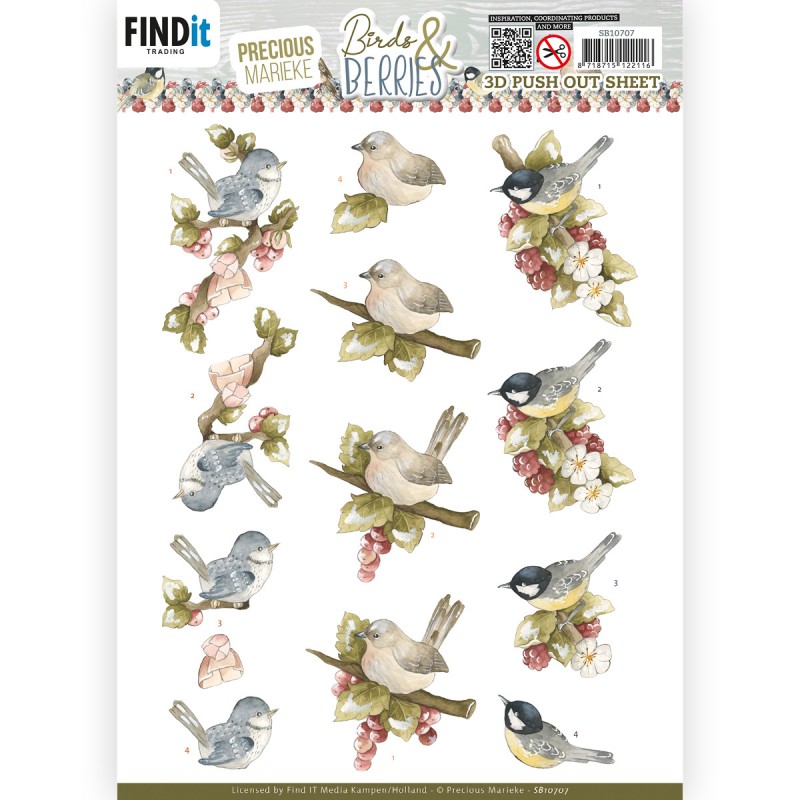 3D Push Out Sheet - Precious Marieke - Birds and Berries - Raspberries