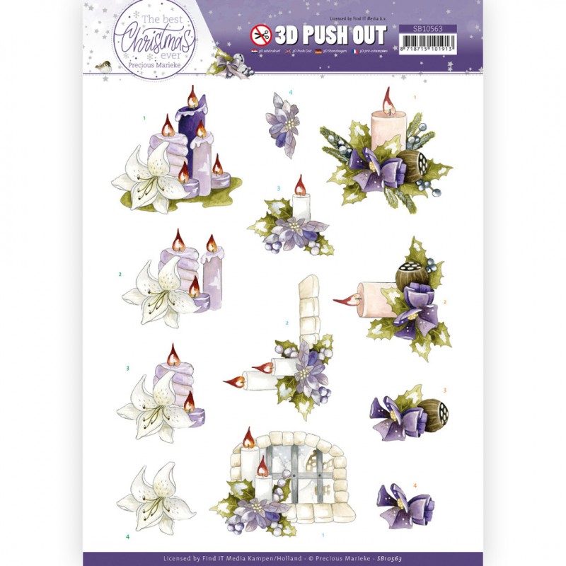 3D Push Out - Precious Marieke - The Best Christmas Ever - Purple Flowers and Candles