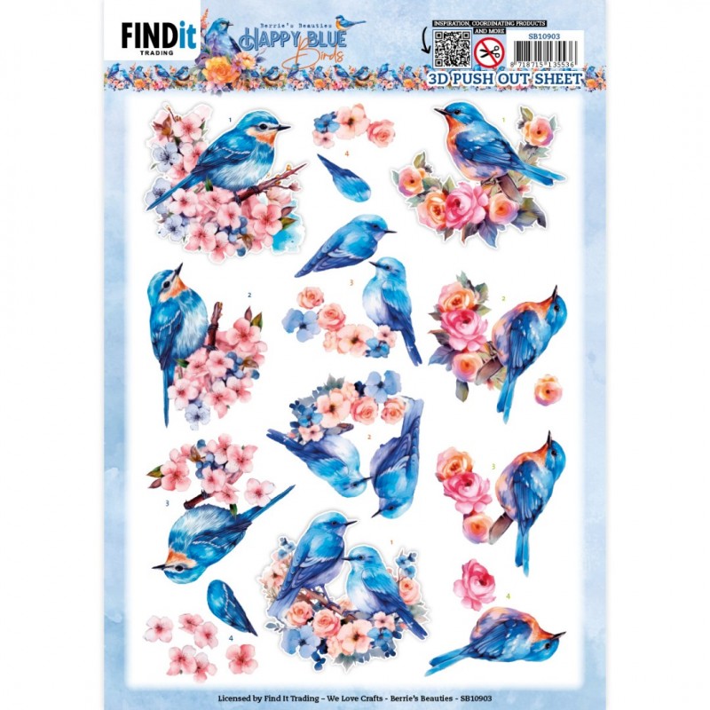 3D Push Out - Berries Beauties - Happy Blue Birds - Birds in Pink