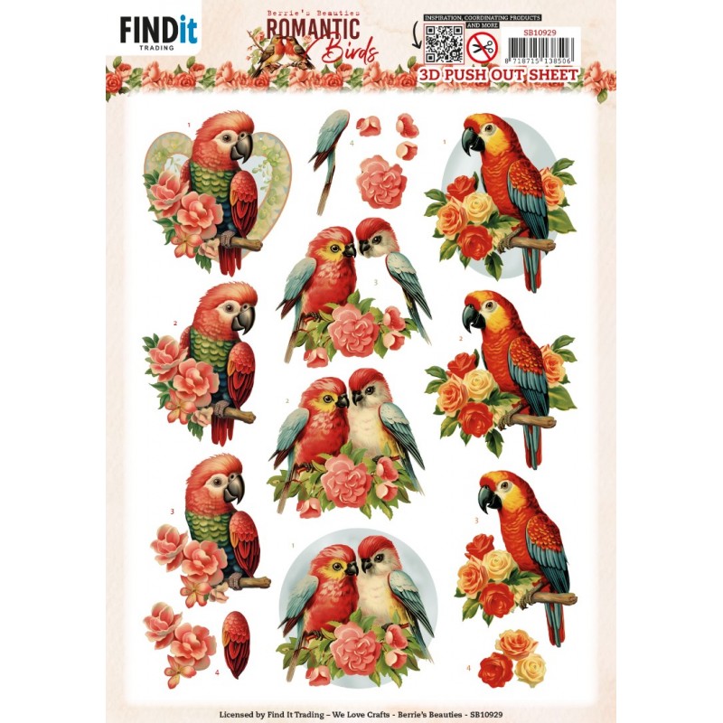 3D Push Out - Berries Beauties - Romantic Birds - Romantic Parrot