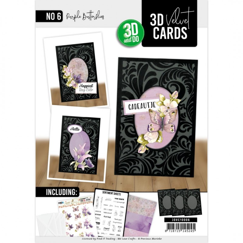 3D Velvet Cards A6- Purple Butterflies