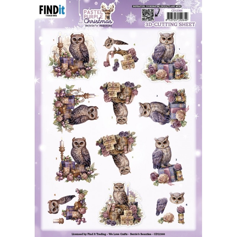 3D Cutting Sheet - Berries Beauties - Pastel Purple Christmas - Owl