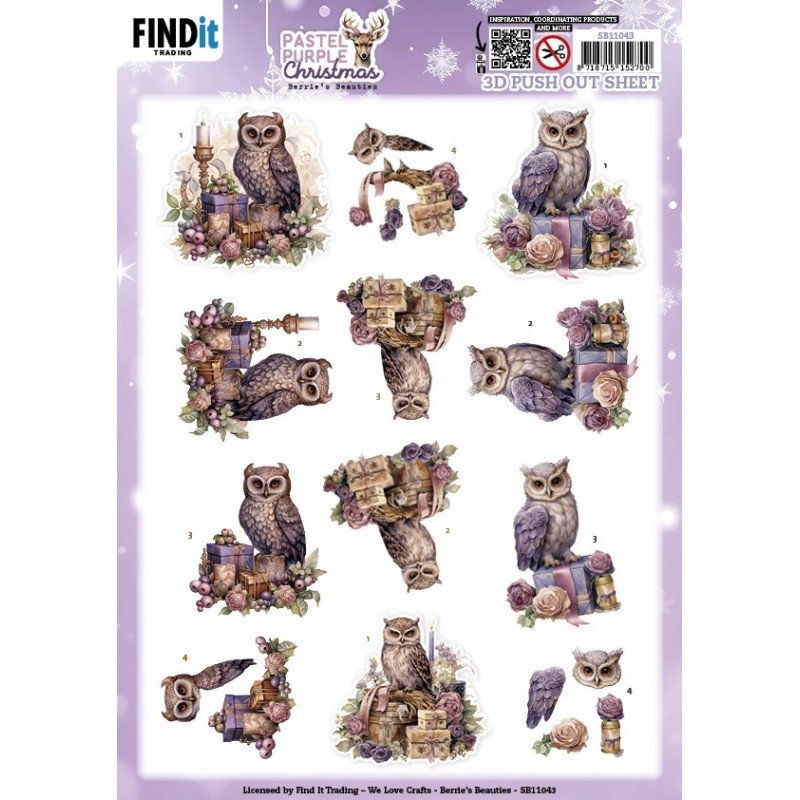 3D Pushout Sheet - Berries Beauties - Pastel Purple Christmas - Owl