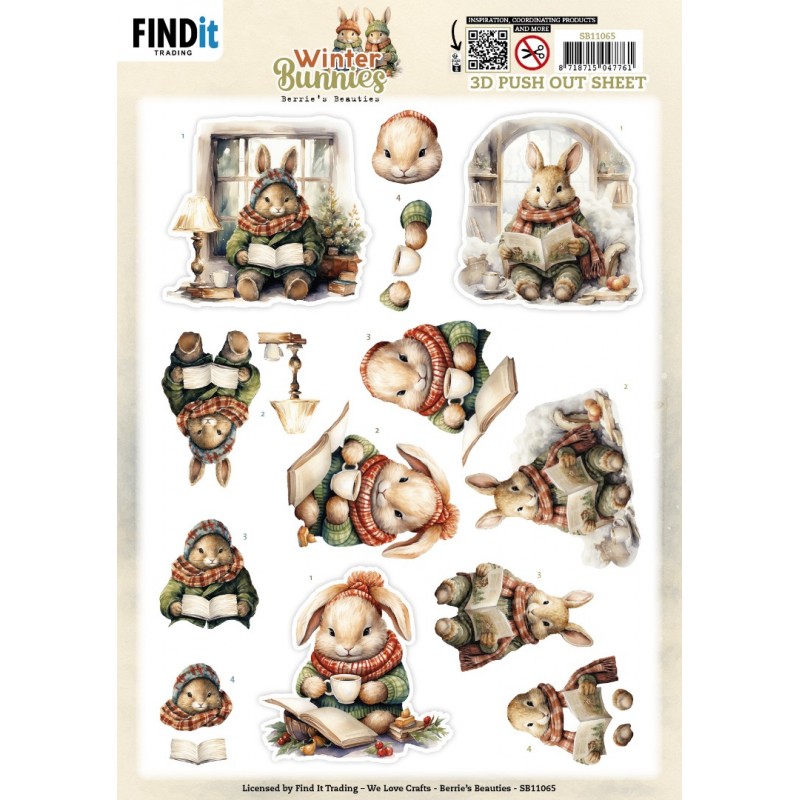 3D Pushout Sheet - Berries Beauties - Winter Bunnies - Reading Bunnies